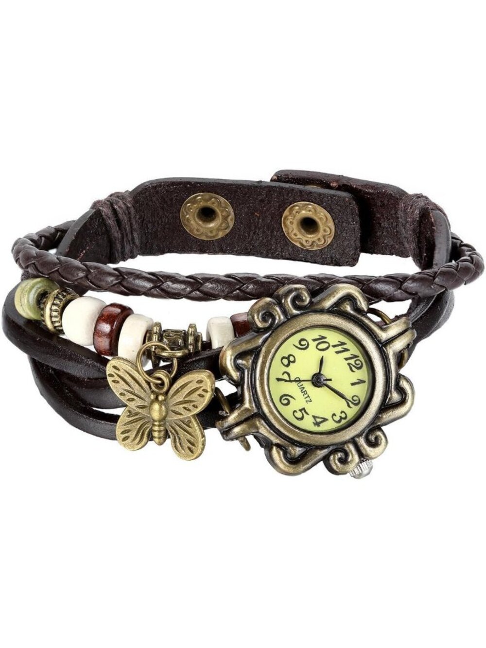 Women Coffee Brown Analog Butterfly Bracelet Weave Wrap Around Leather Watch
